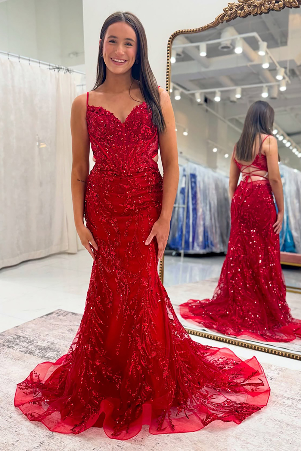 Sparkly Spaghetti Straps Red Mermaid Long Prom Dress with Sequins