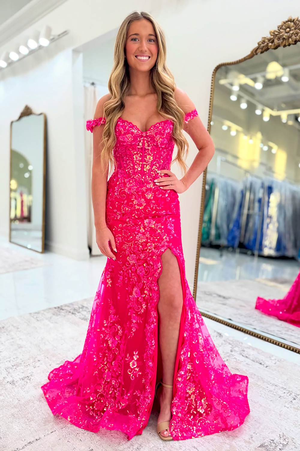 Sparkly Off The Shoulder Fuchsia Mermaid Long Prom Dress with Slit