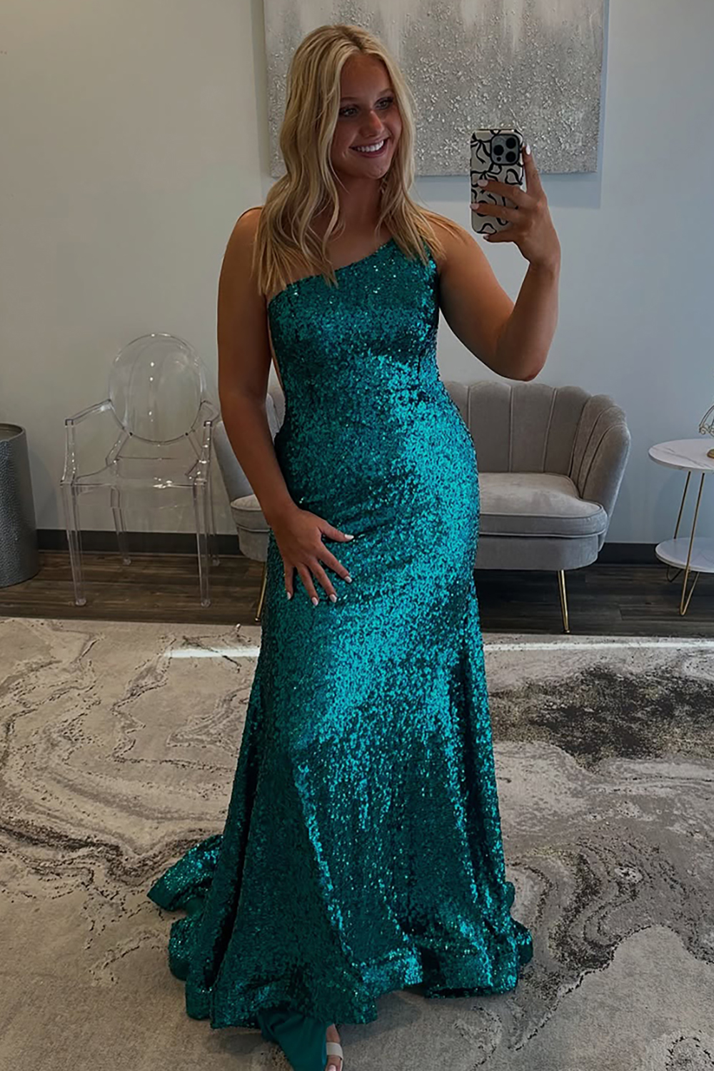 Sparkly Blue Mermaid One Shoulder Long Prom Dress