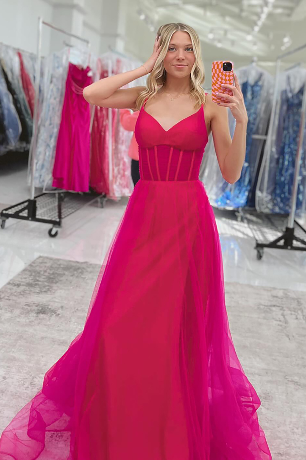 Fuchsia A Line Corset Spaghetti Straps Long Tulle Prom Dress