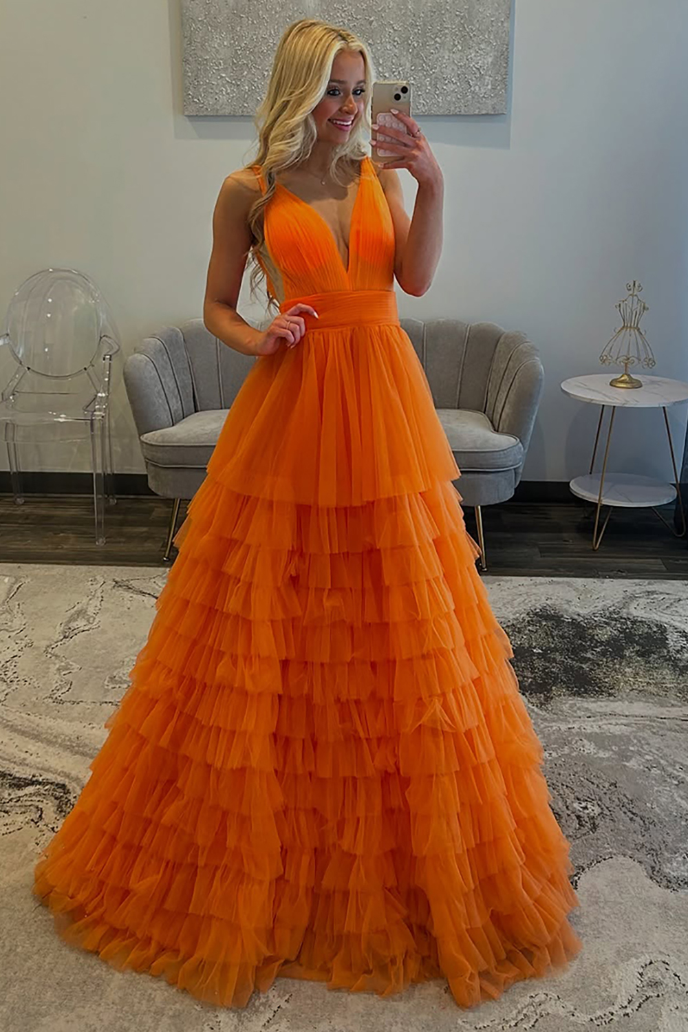 V-Neck Orange Ruffled A Line Long Tulle Prom Dress