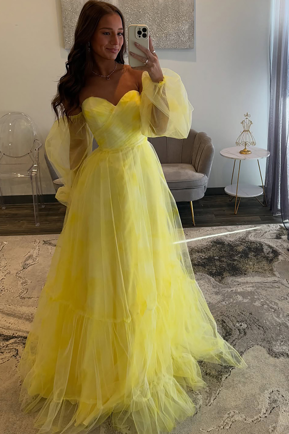 Yellow A Line Off The Shoulder Long Tulle Prom Dress with Long Sleeves