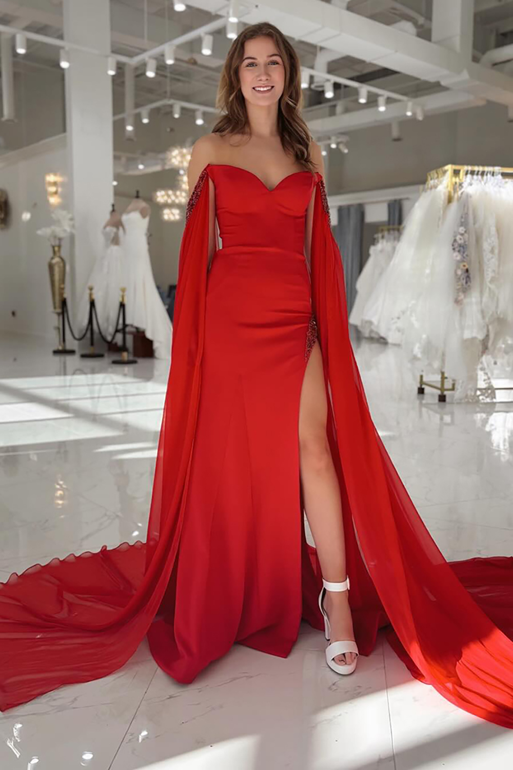 Red Sheath Long Off The Shoulder Prom Dress with Cape Sleeves
