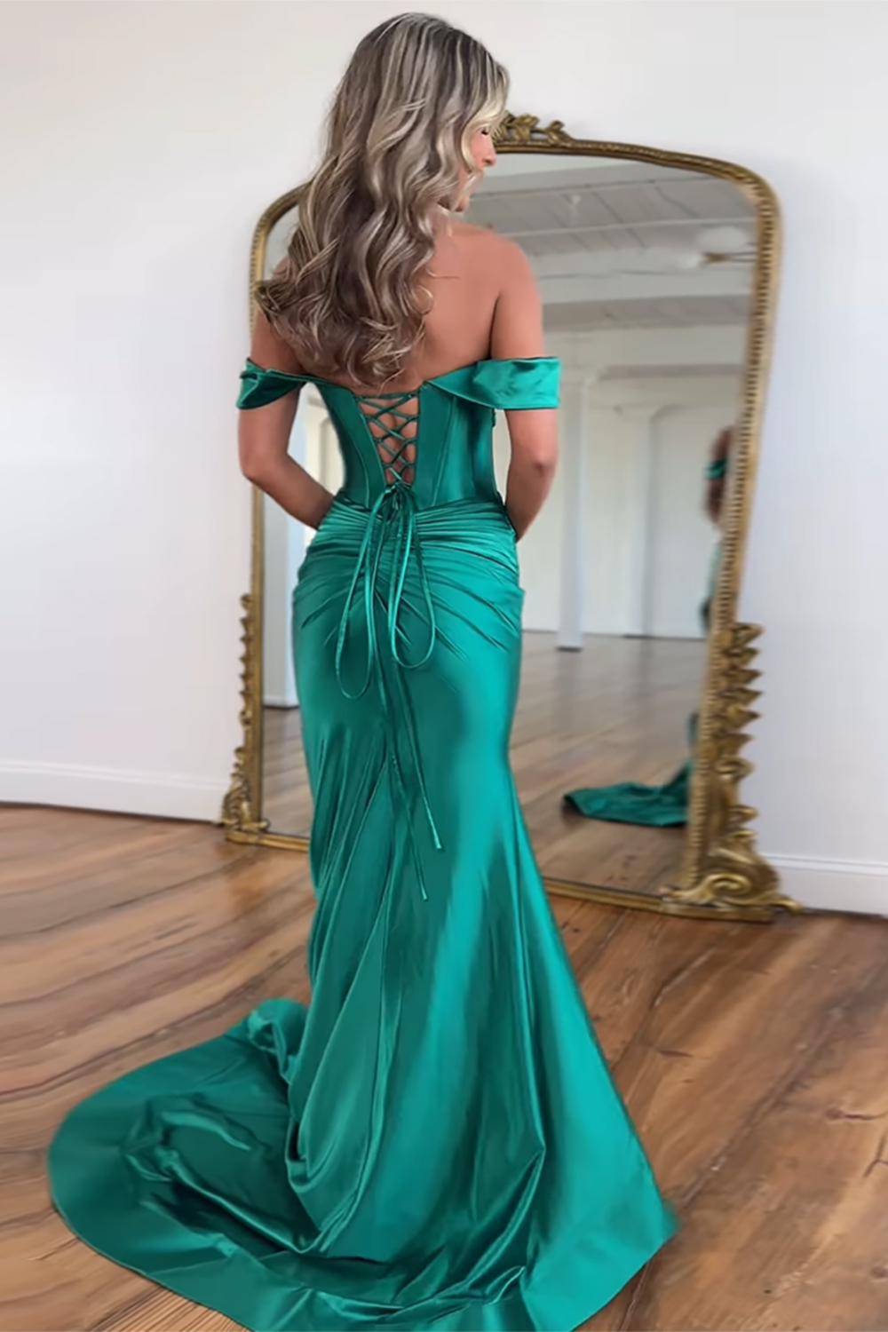 Emerald Green Off The Shoulder Mermaid Long Prom Dress with Slit