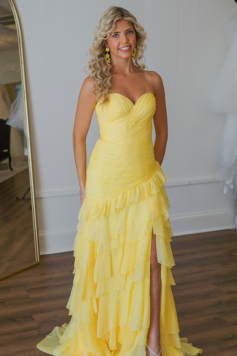 Yellow Chiffon Sweetheart Ruffled Long Prom Dress with Slit