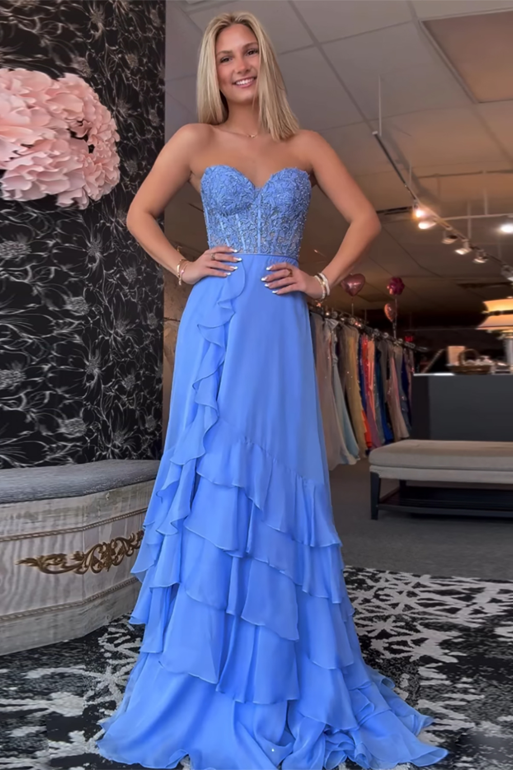 Blue Corset Ruffled Chiffon Long Prom Dress with Slit