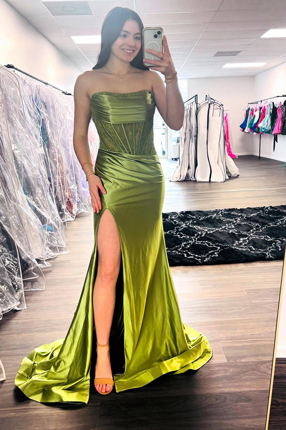 Sparkly Olive Satin Corset Strapless Long Prom Dress with Slit