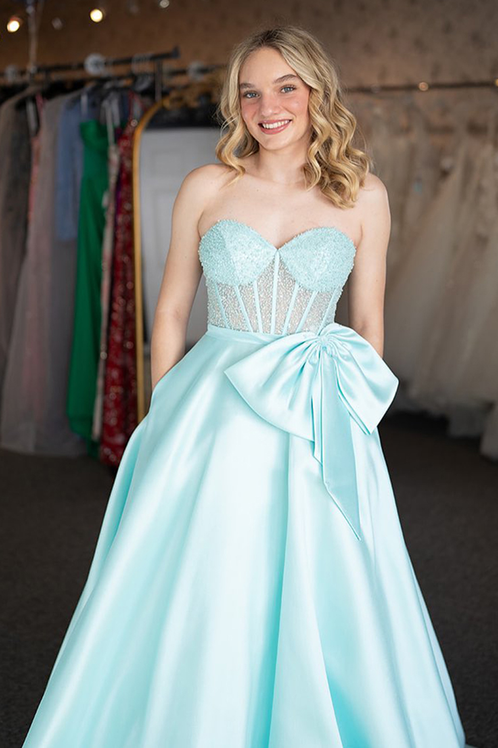 Sparkly Light Green Corset Sweetheart Long Prom Dress with Pocket