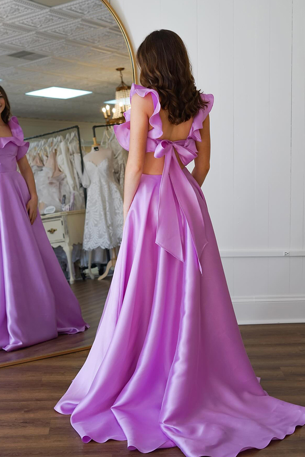 Lavender Square Neck A Line Prom Dress with Ruffled Sleeves