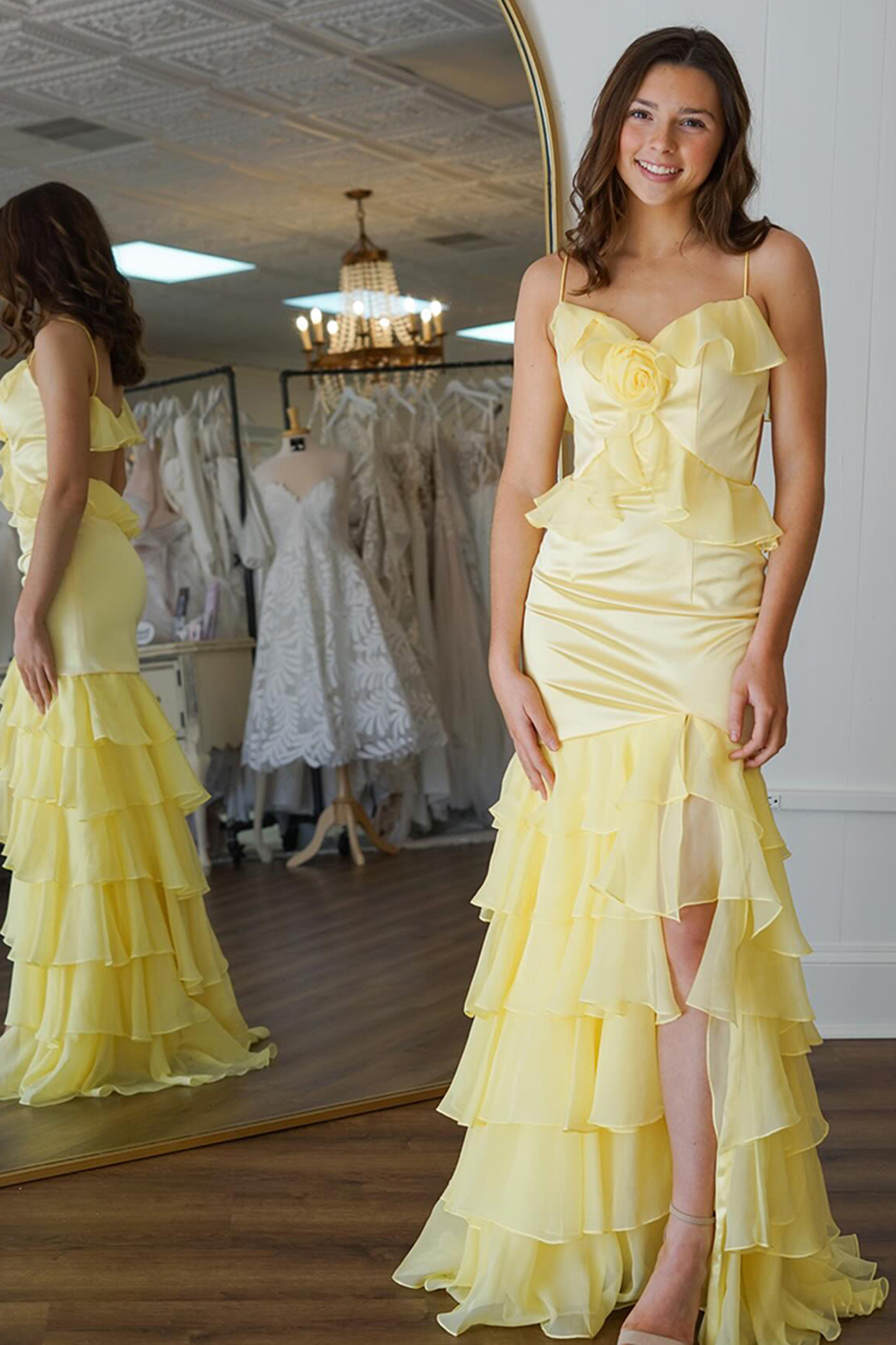 Yellow Ruffled Chiffon Mermaid Long Prom Dress with Slit