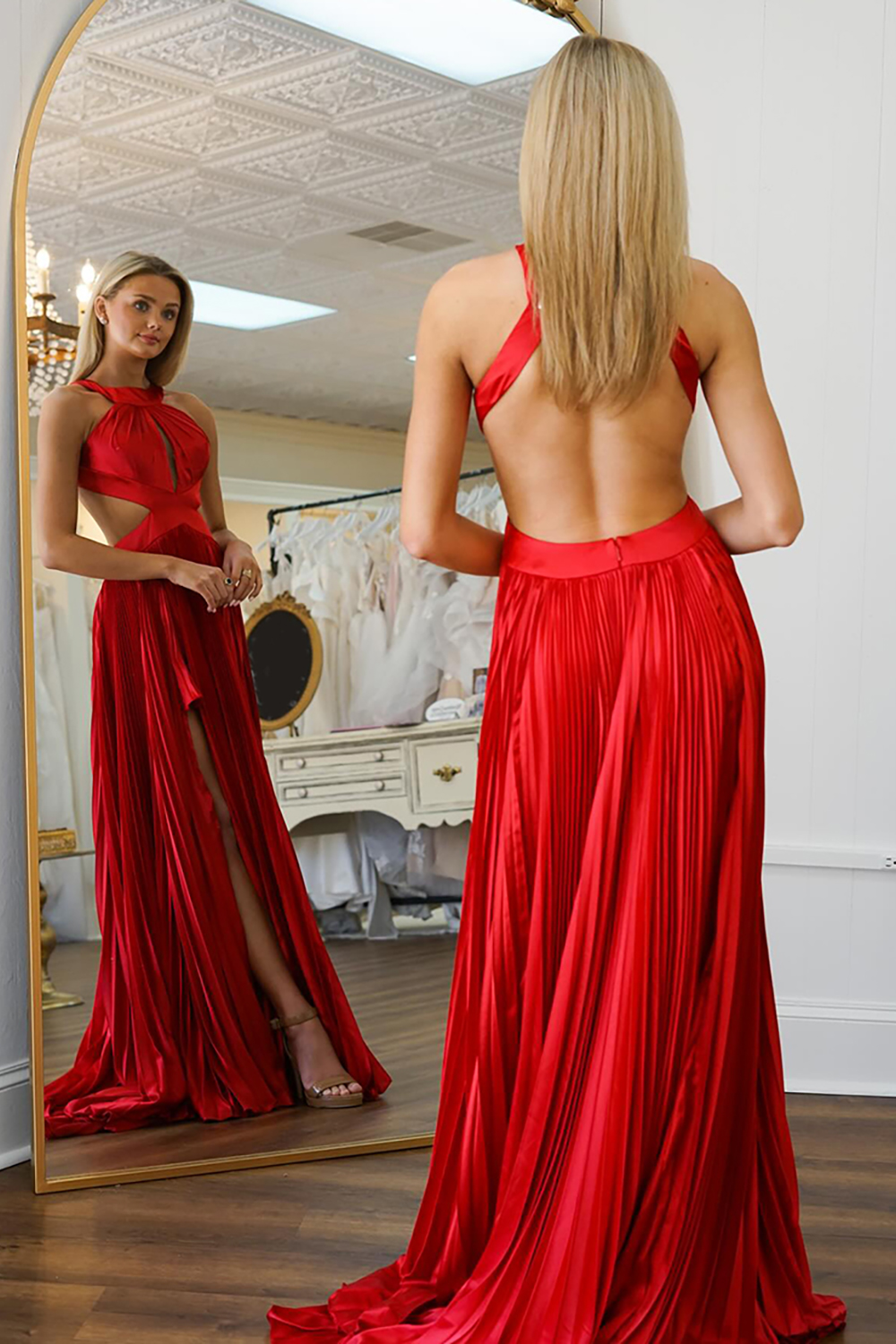 Red Pleated A Line Halter Long Prom Dress with Slit