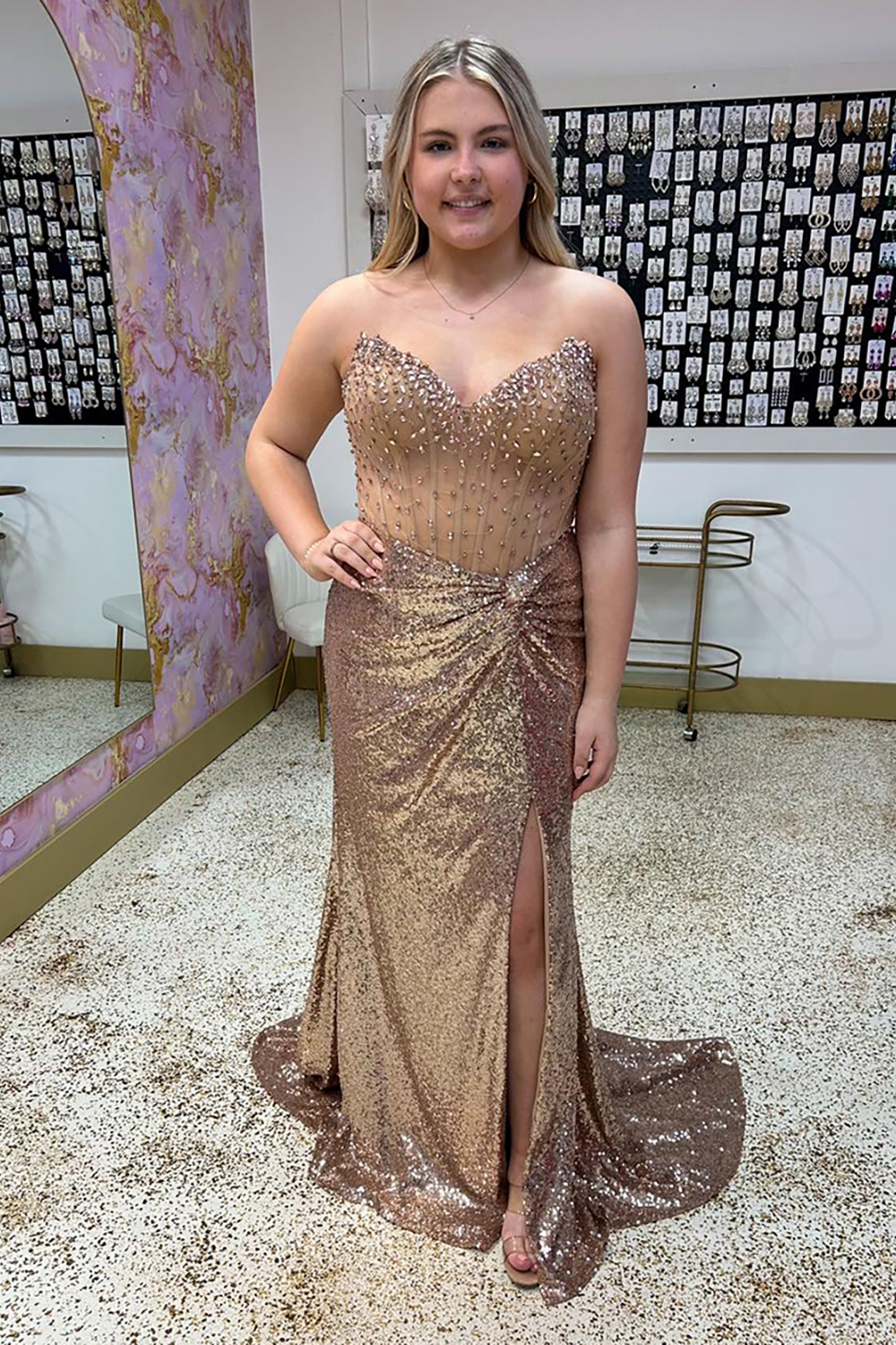 Sparkly Gold Sheath Sweetheart Corset Long Prom Dress with Slit