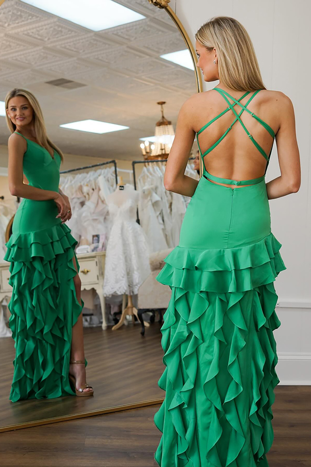 Green Ruffled Backless Long Prom Dress with Slit