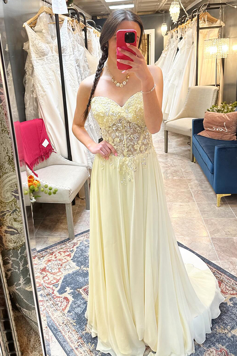 Yellow A Line Sweetheart Long Prom Dress with Appliques