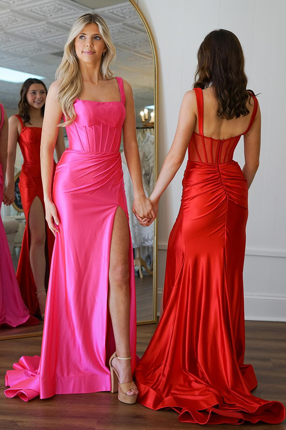 Fuchsia Satin Corset Mermaid Long Prom Dress with Slit