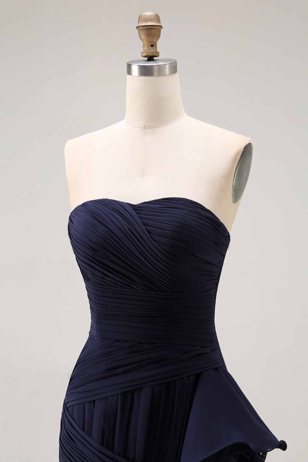 Navy Ruffled Mermaid Strapless Long Formal Dress with Side Cape