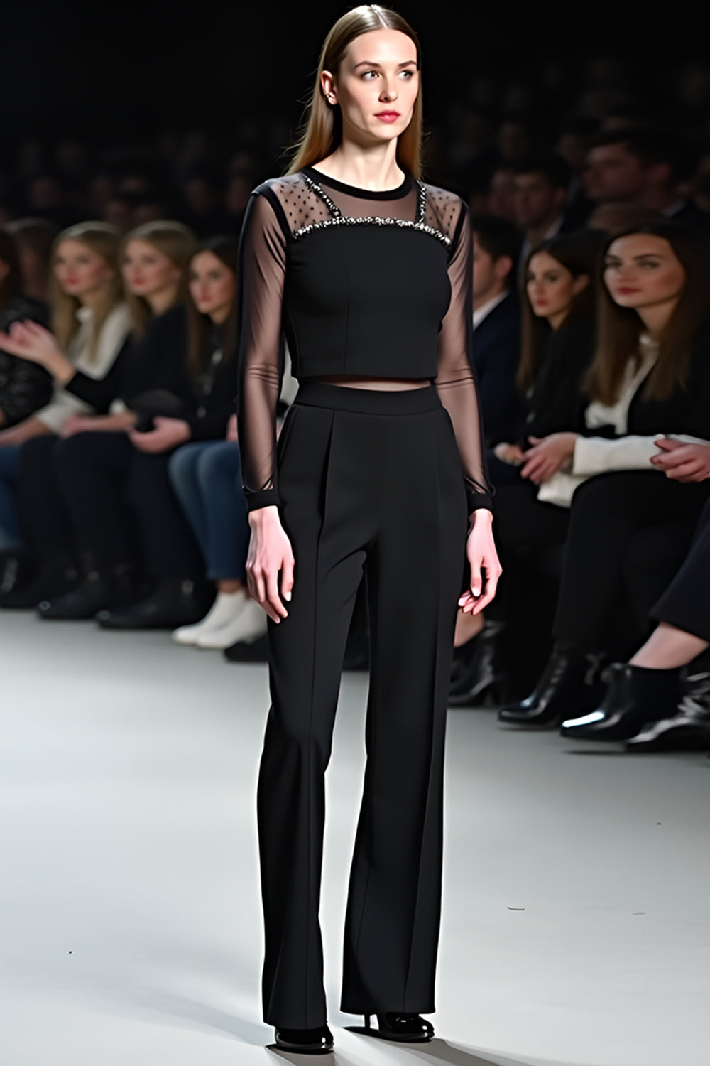 Sexy Tops Black Mesh Flared Pants Two-Piece Set