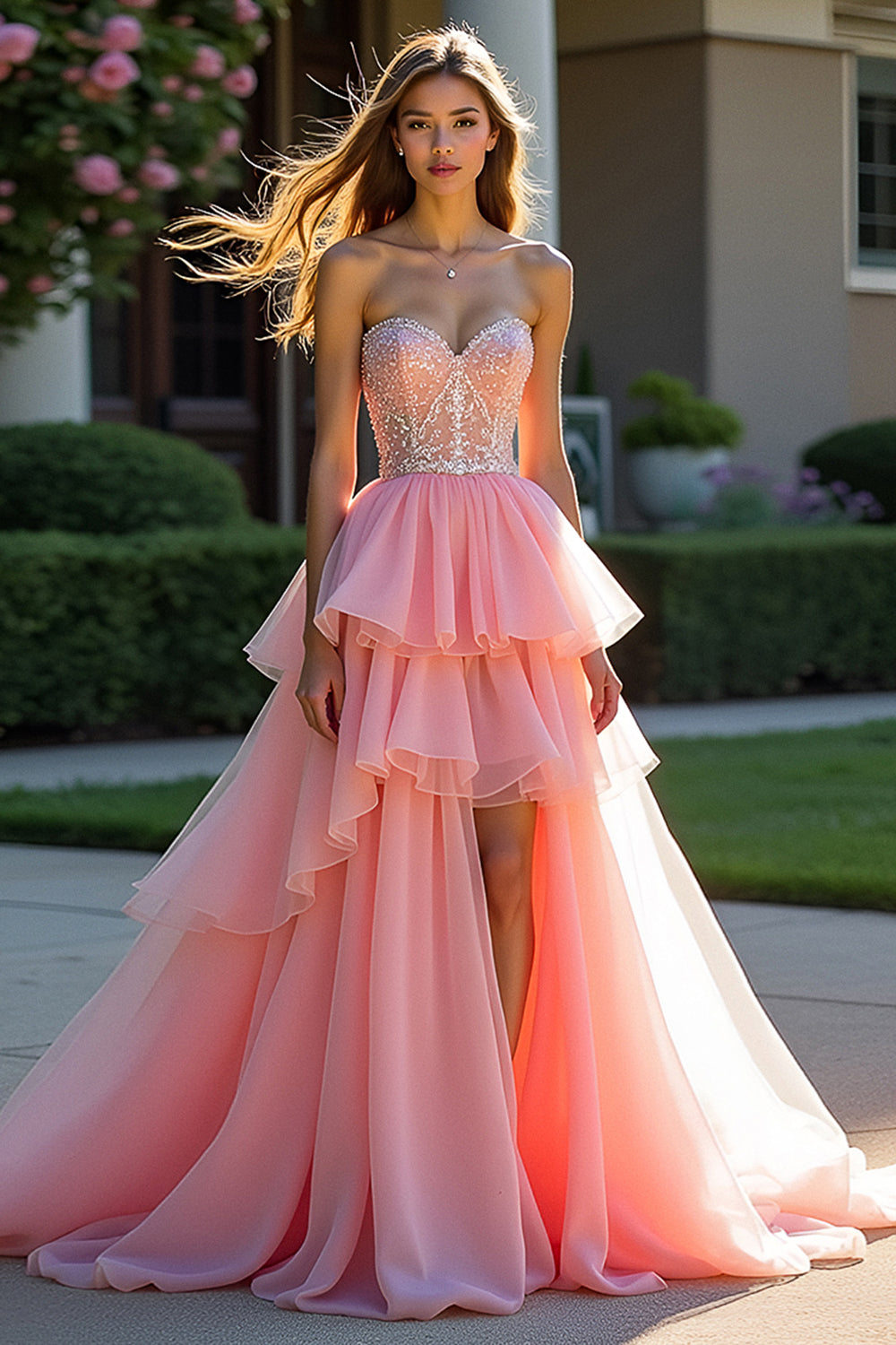 Sweetheart Pink A Line Tiered Long Beaded Prom Dress with Slit