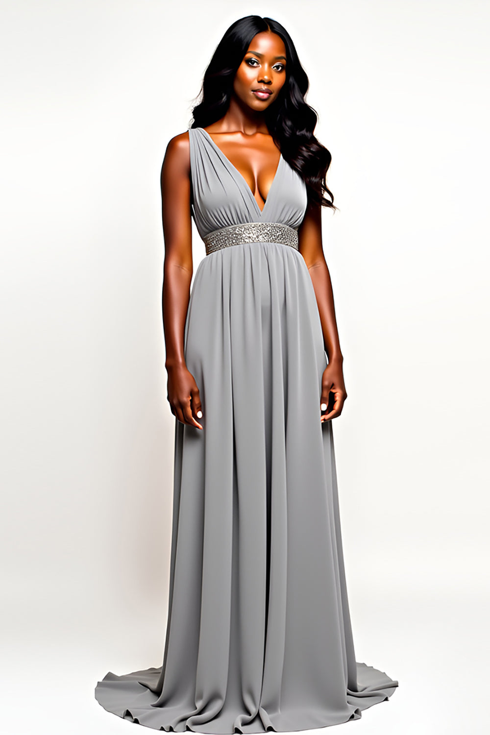 V-Neck Long Grey Chiffon Wedding Guest Dress with Beading