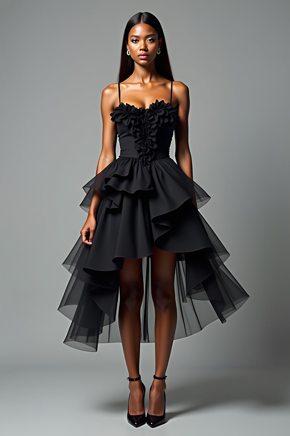 V-Neck Tiered Black A Line Tea Length Graduation Dress