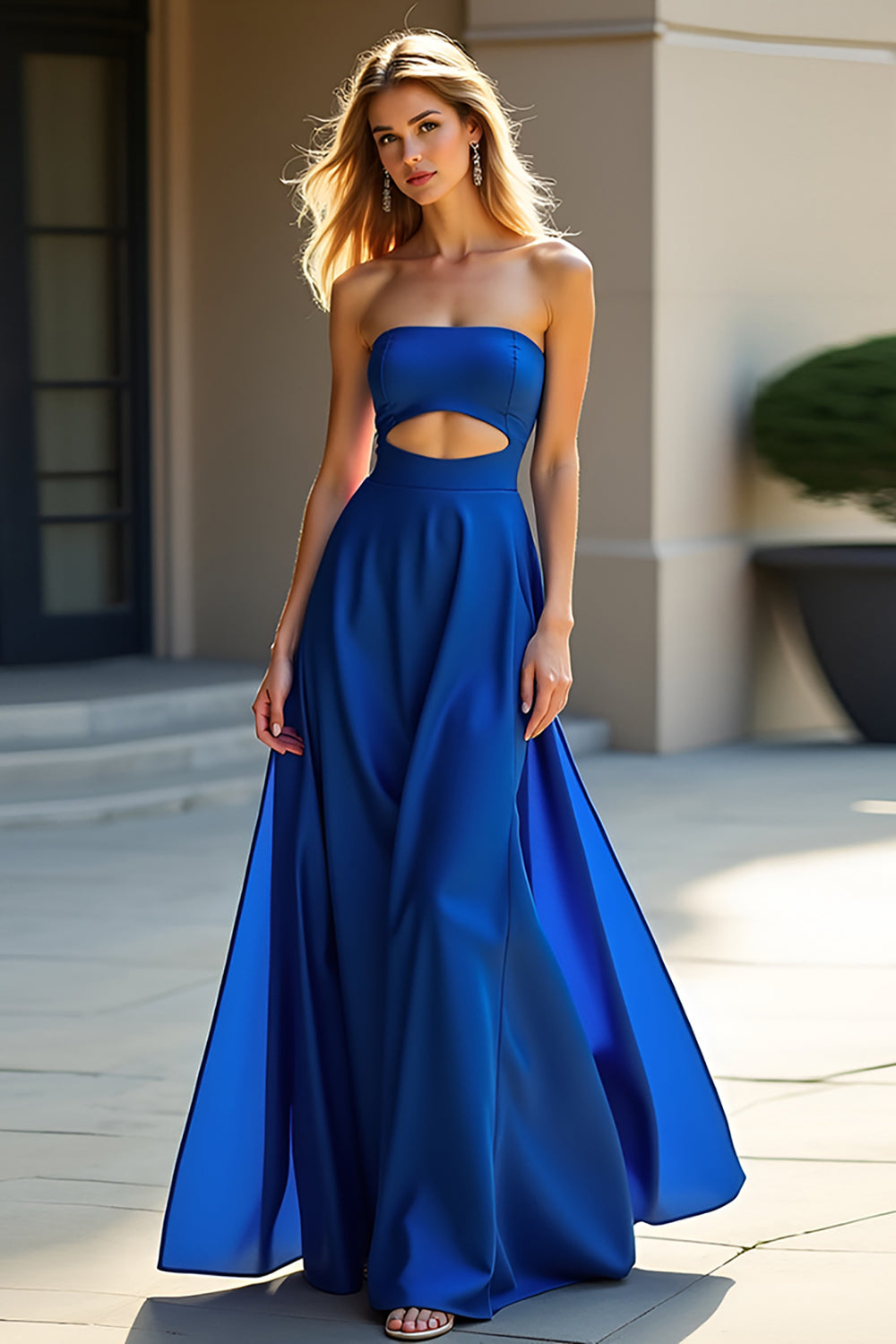 Keyhole Royal Blue Strapless Long Satin Wedding Guest Dress