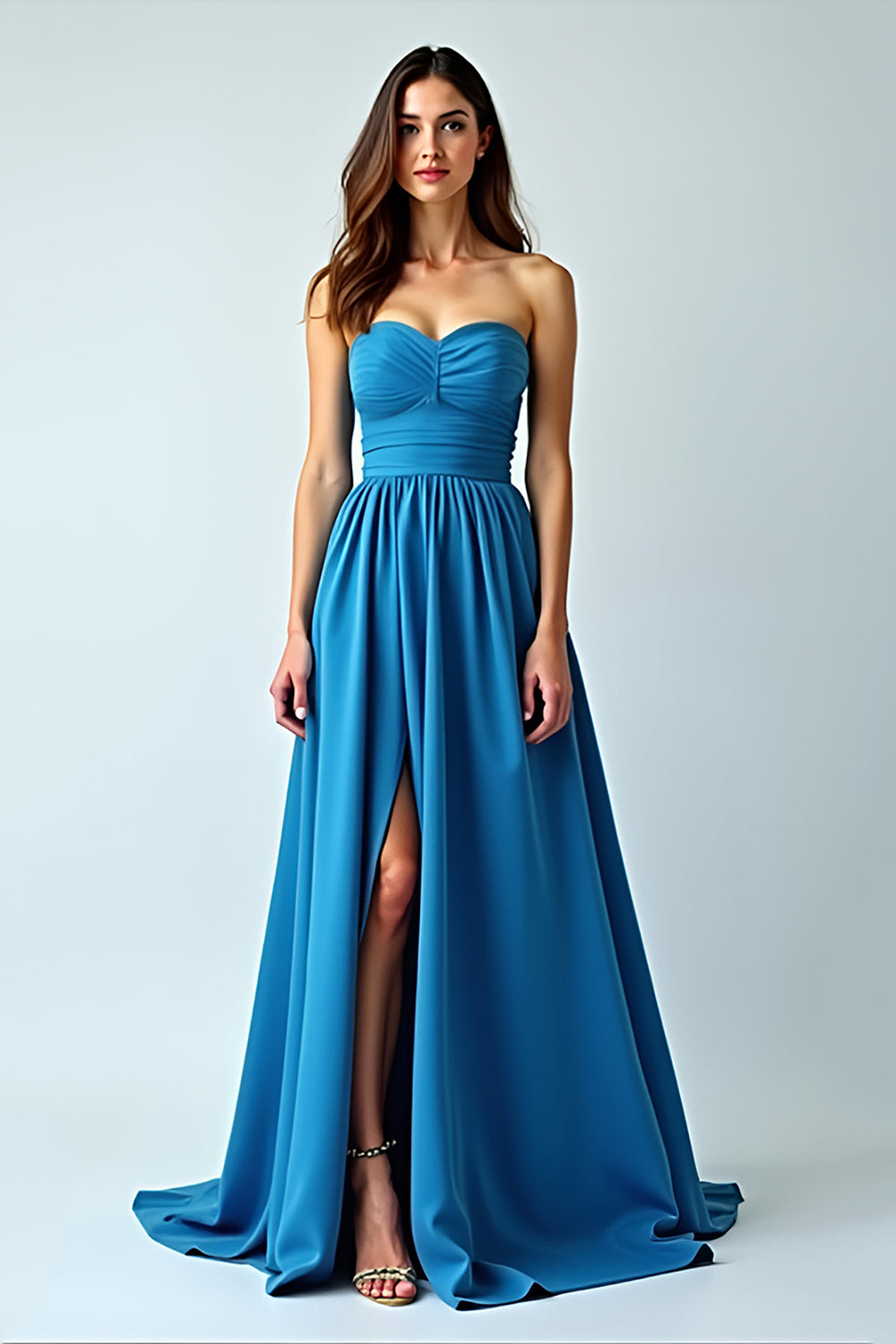 Strapless Blue Ruched Long Wedding Guest Dress with Slit