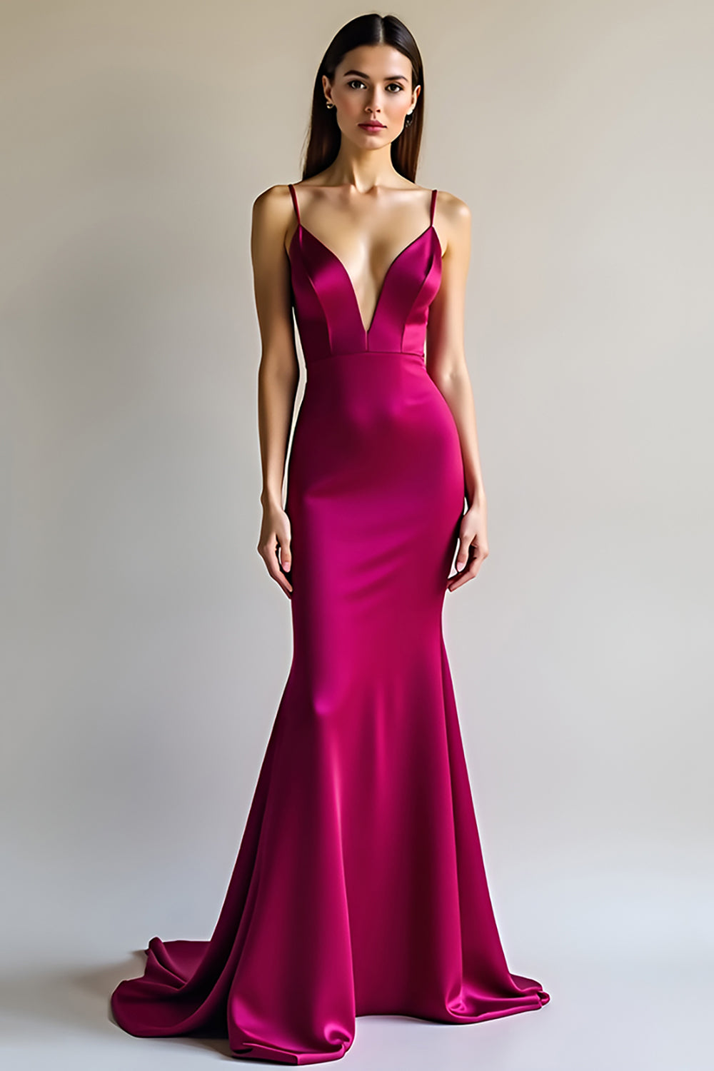 Fuchsia Sheath Spaghetti Straps Satin Long Prom Dress