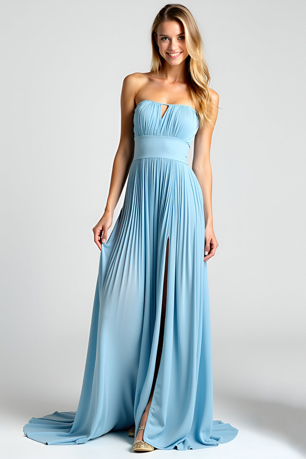 A Line Blue Strapless Keyhole Pleated Chiffon Bridesmaid Dress with Slit