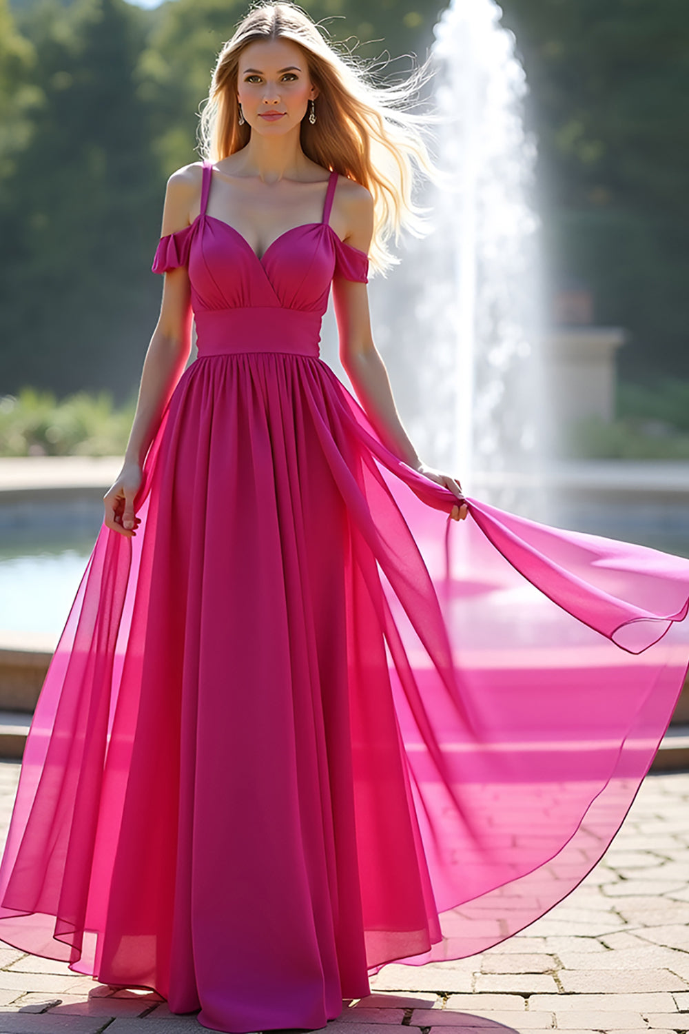 Cold Shoulder Fuchsia A Line Long Prom Dress