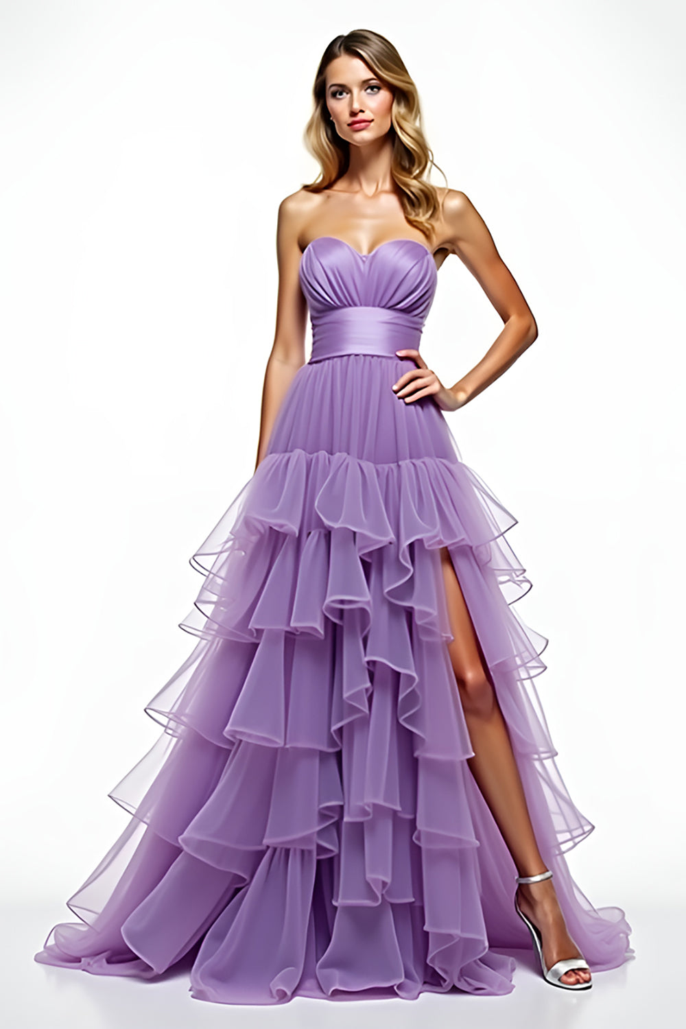 Purple Strapless Ruffled Long Prom Dress with Slit