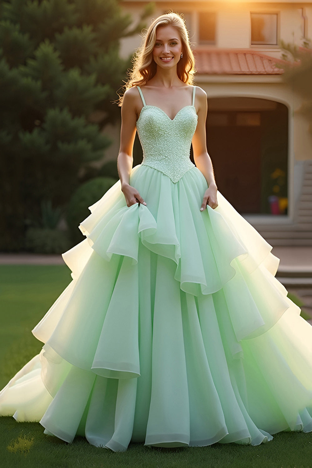 Spaghetti Straps Green Ball Gown Long Prom Dress