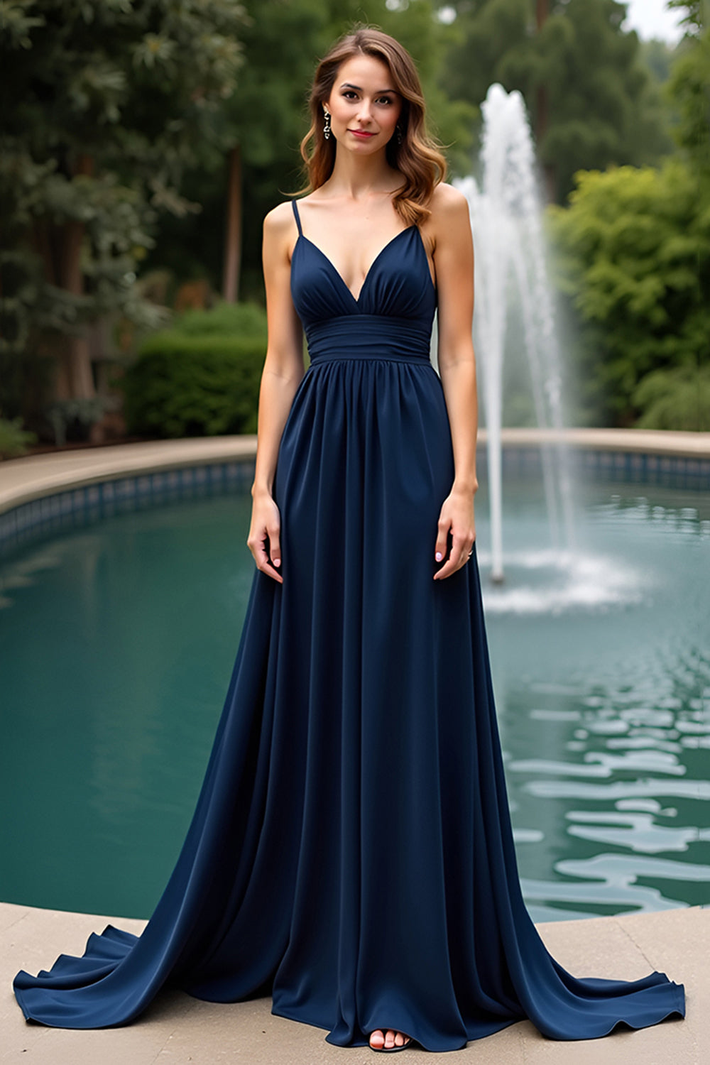 A Line Long Navy Chiffon Wedding Guest Dress