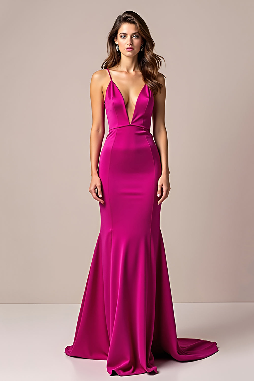 Deep V-Neck Fuchsia Sheath Long Prom Dress