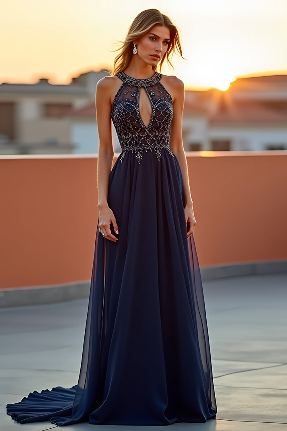 Beaded Navy Halter Long Formal Dress with Embroideries