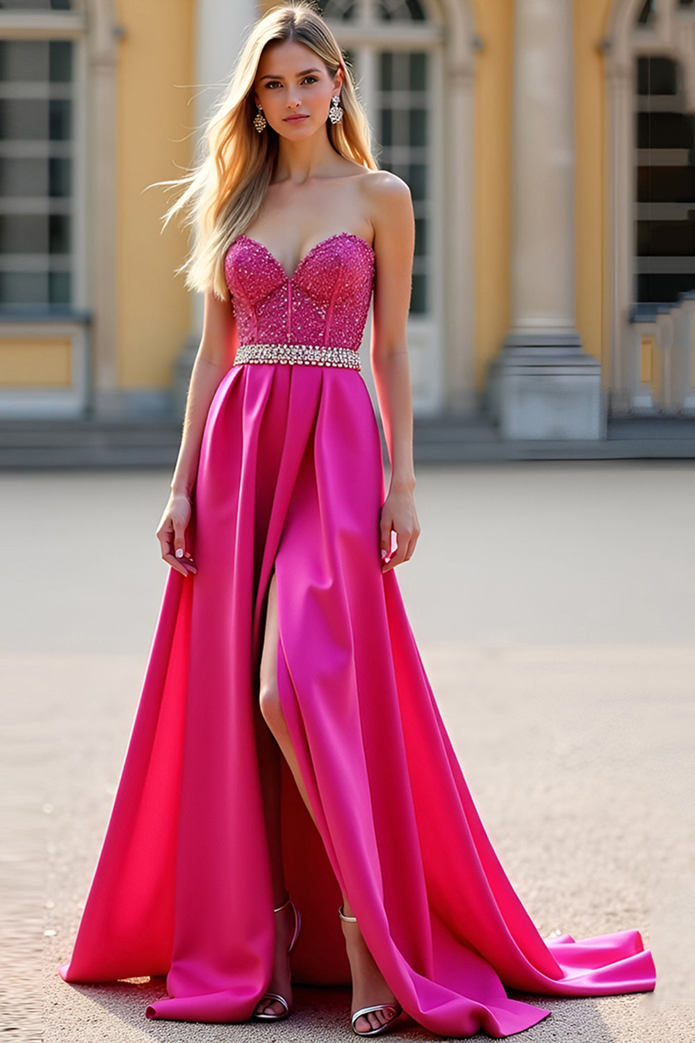 Fuchsia Beaded Sparkly A Line Long Prom Dress with Slit