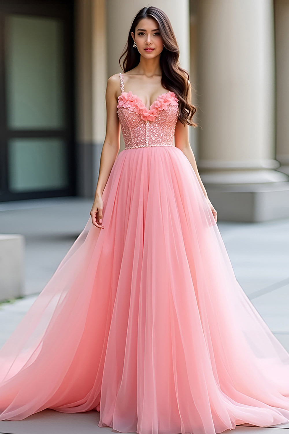 A Line Long Floral Pink Prom Dress with Beading