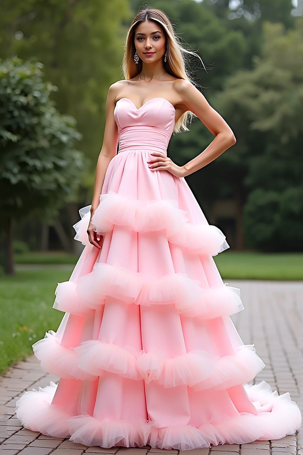 Pink Sweetheart Ball Gown Tiered Long Prom Dress