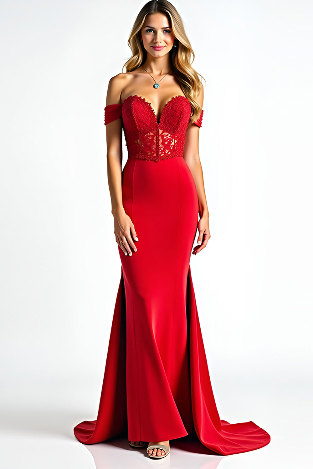 Off the Shoulder Lace Sheath Red Long Prom Dress