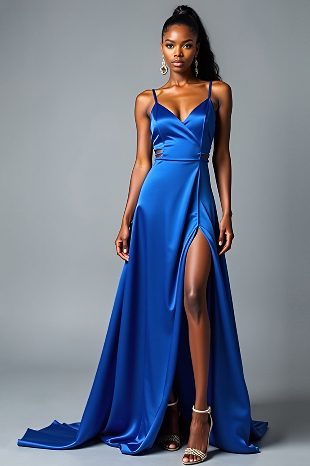 Royal Blue A Line Satin Long Prom Dress with Slit