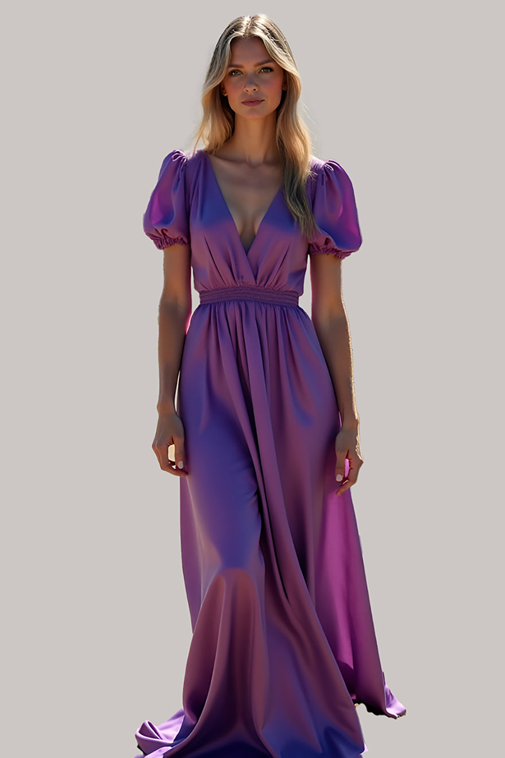 Ruched Long Backless Purple Formal Dress with Puff Sleeves