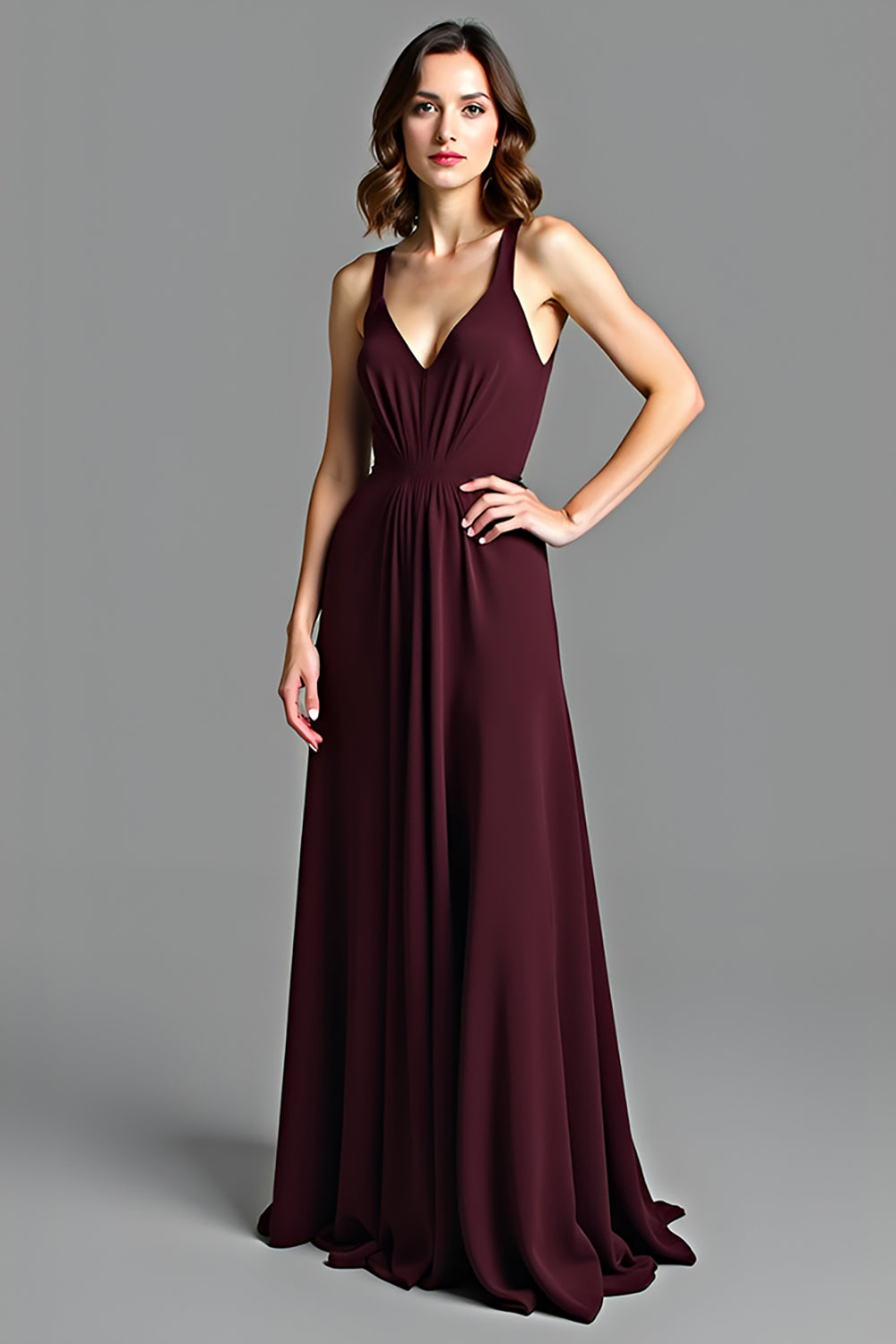 Simple V-Neck Cabernet A Line Long Formal Dress