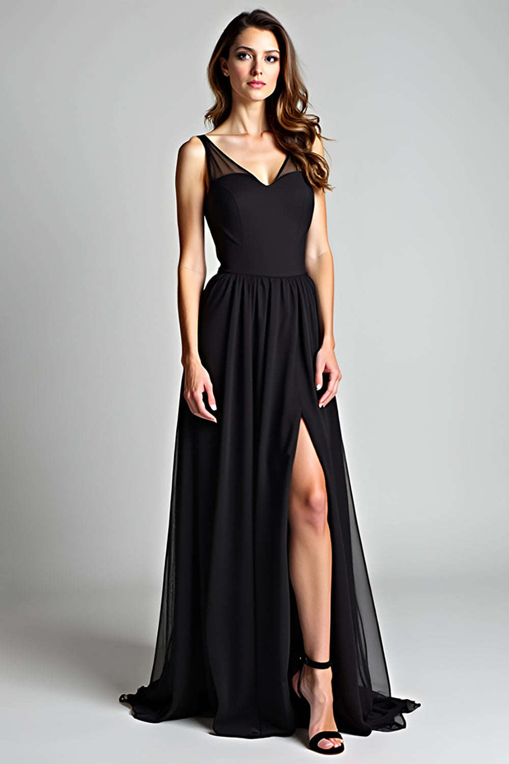 V-Neck Long Black A Line Formal Dress with Slit