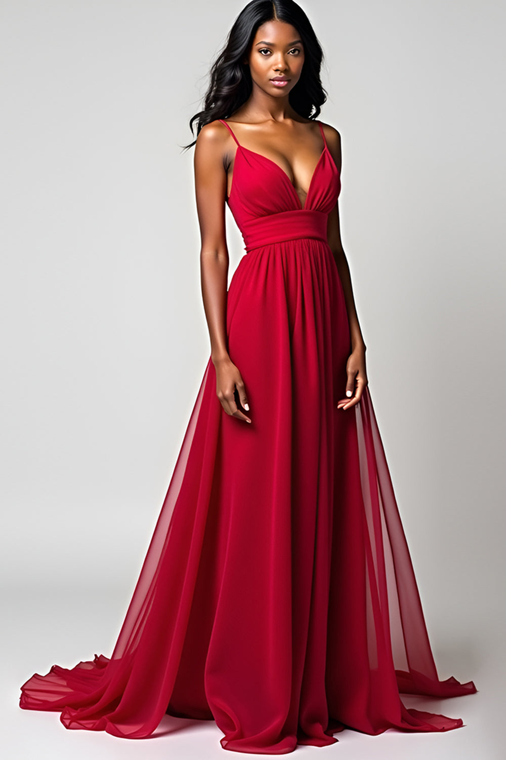 Spaghetti Straps Ruched Backless Red Long Formal Dress