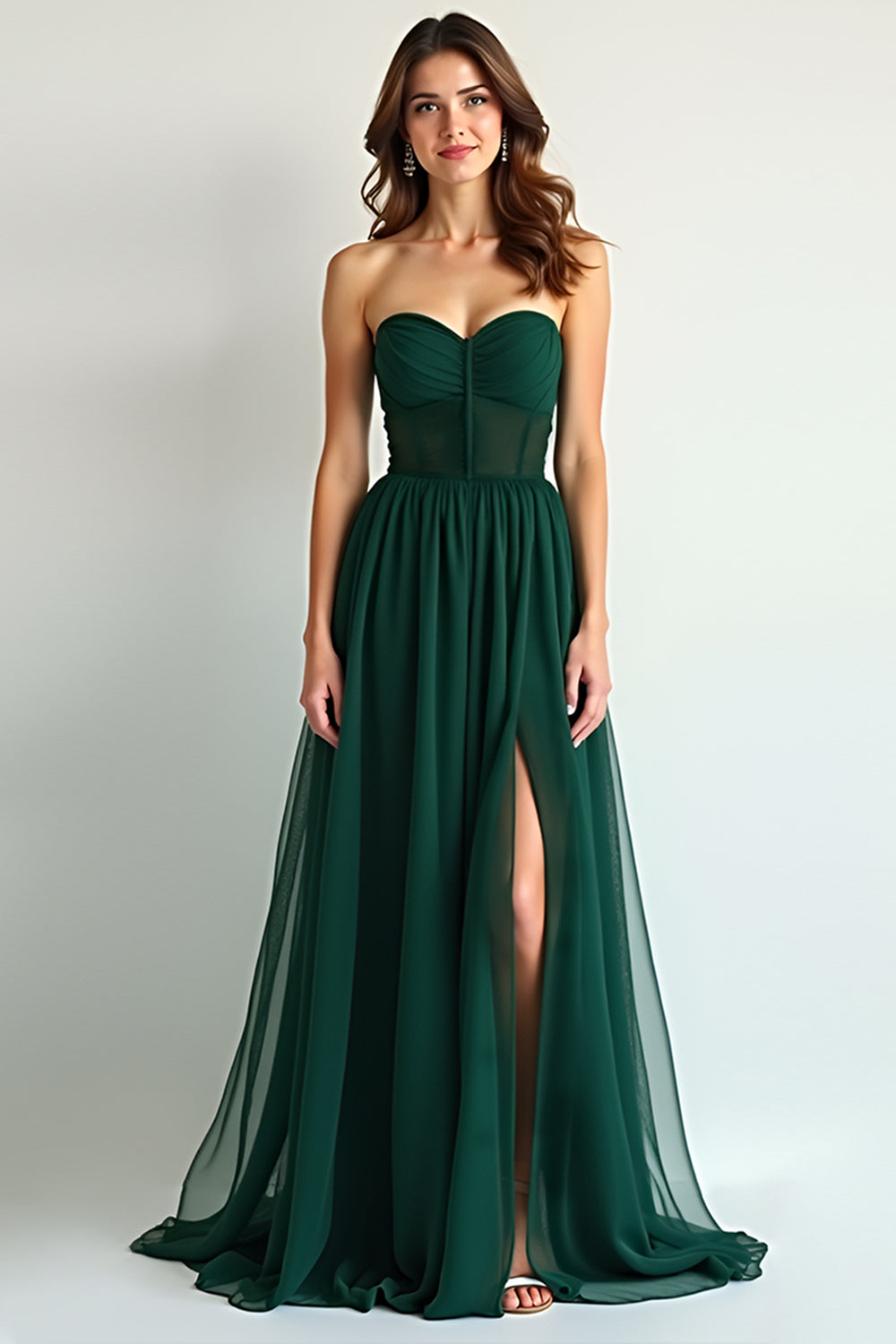 Dark Green A Line Ruched Chiffon Long Bridesmaid Dress with Slit