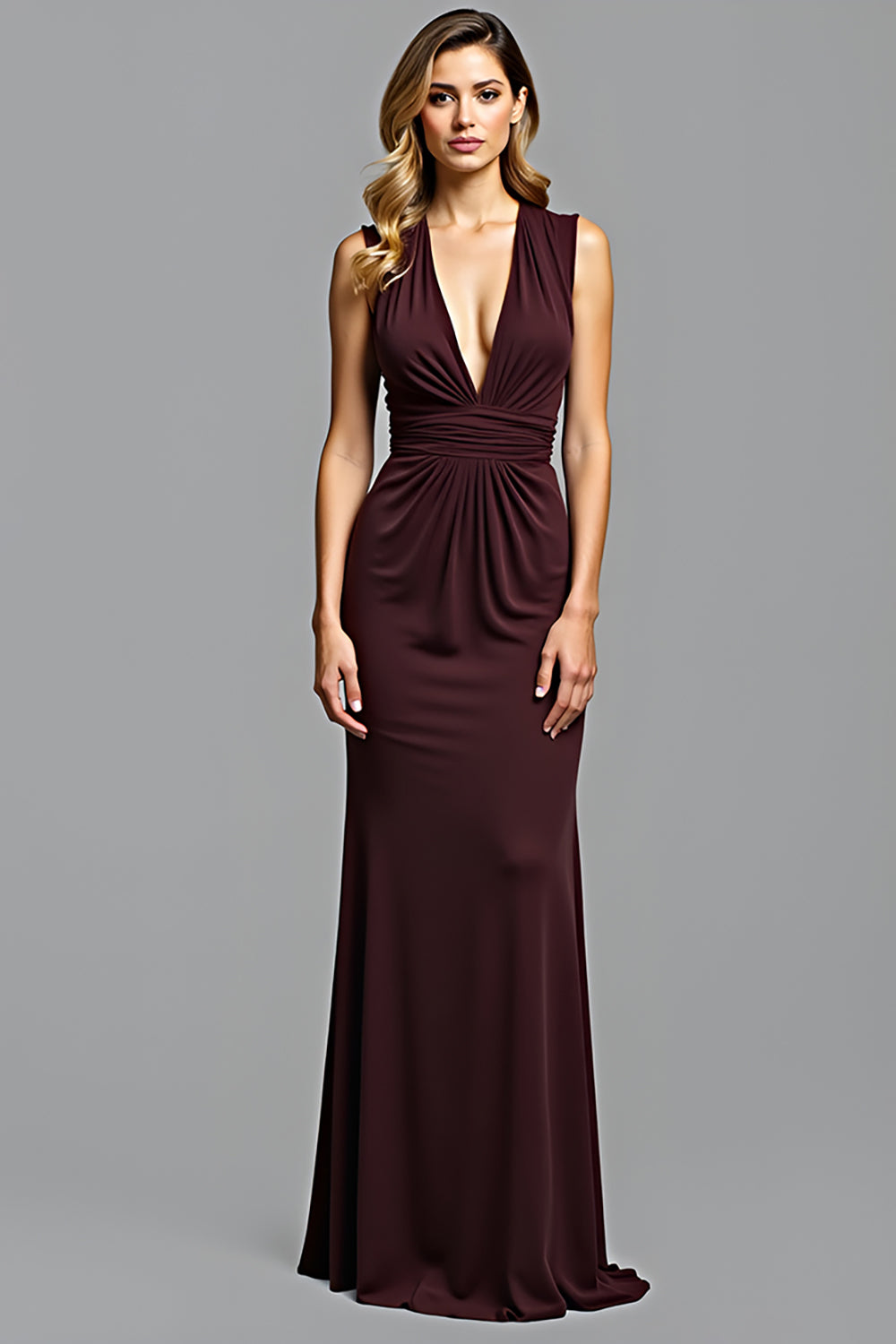 Ruched Cabernet Sheath Deep V-Neck Long Formal Dress
