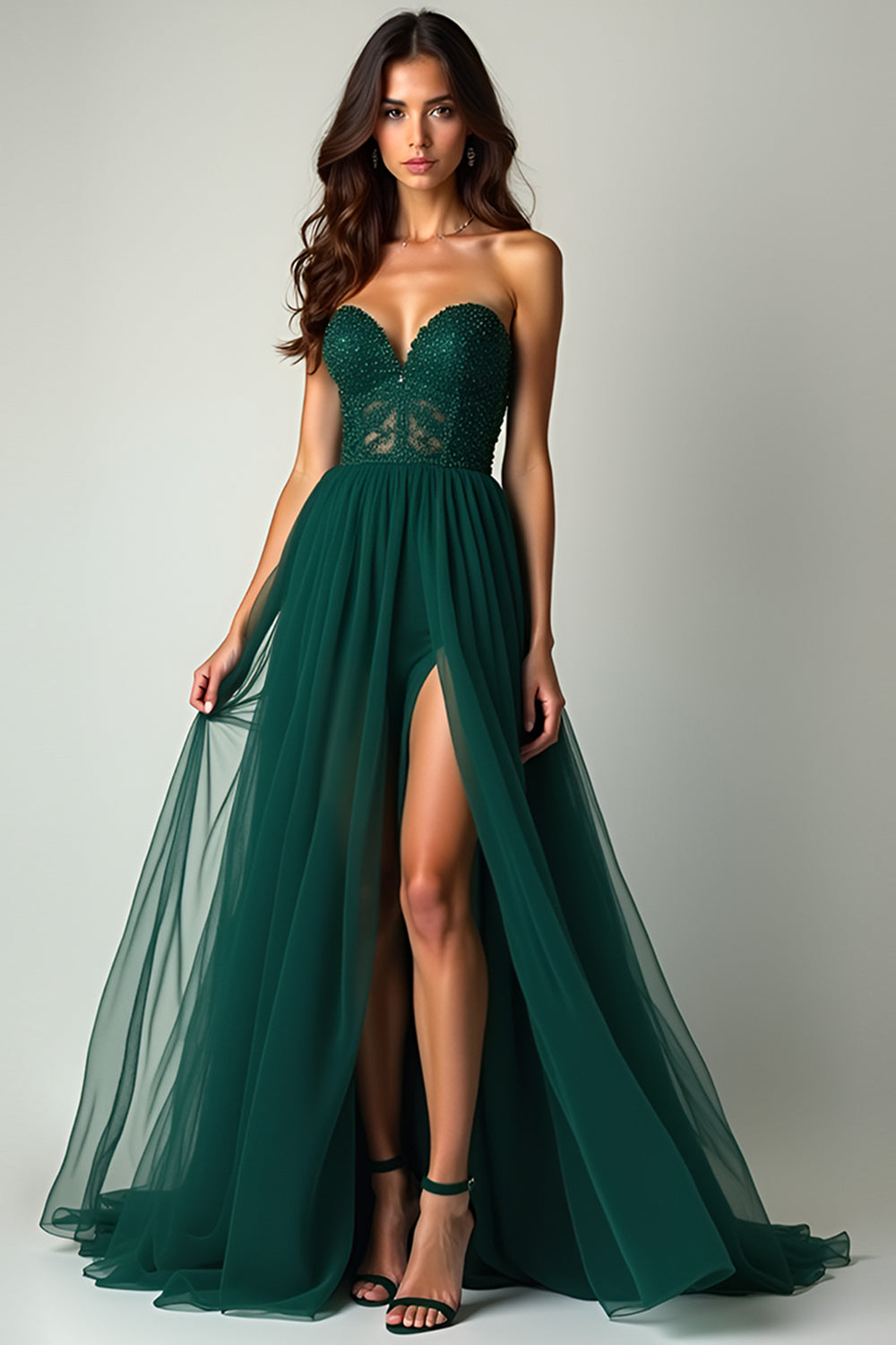 Tulle Strapless Long A Line Dark Green Flowy Beaded Prom Dress with Slit