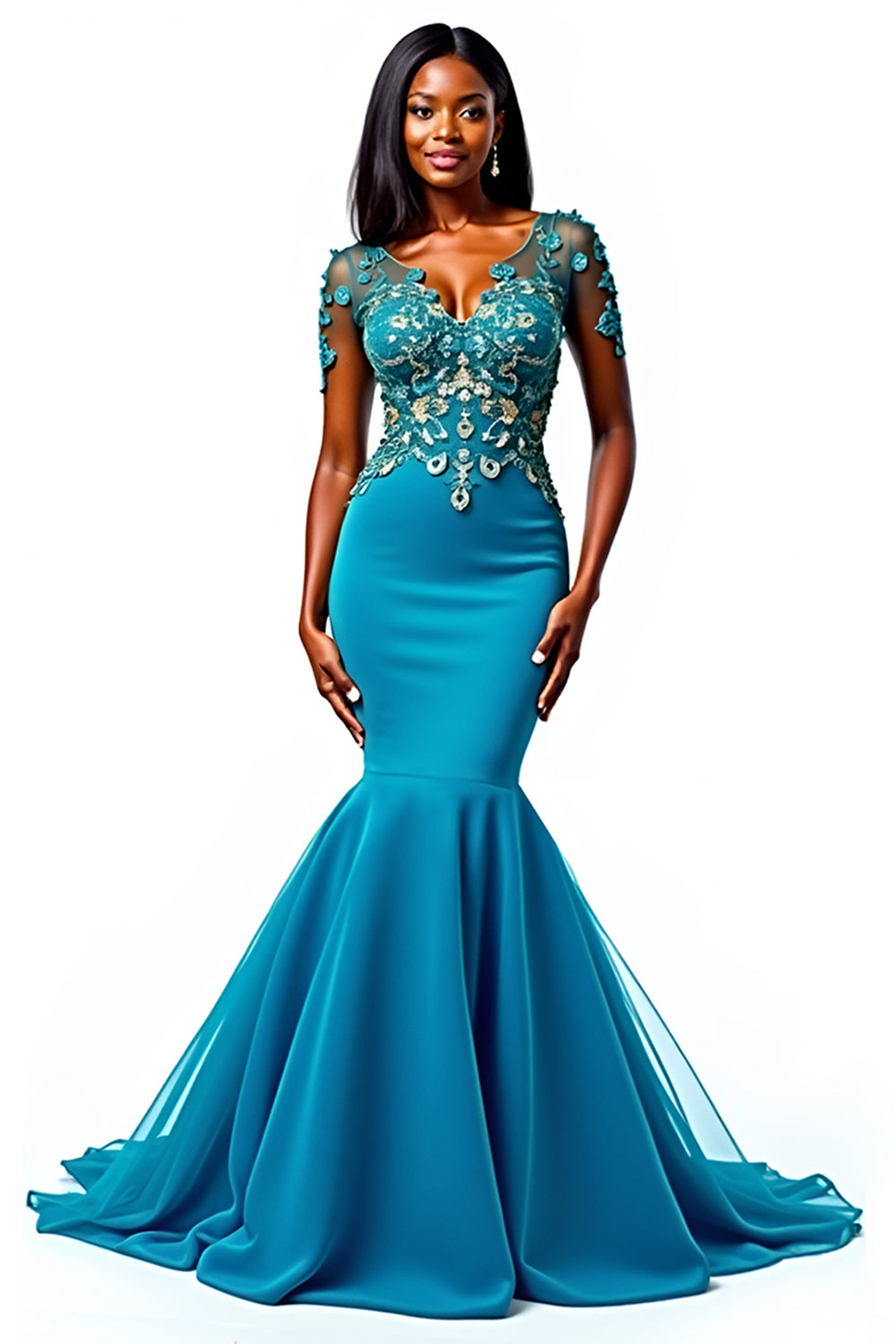 Appliqued Blue Mermaid Long Formal Dress with Short Sleeves