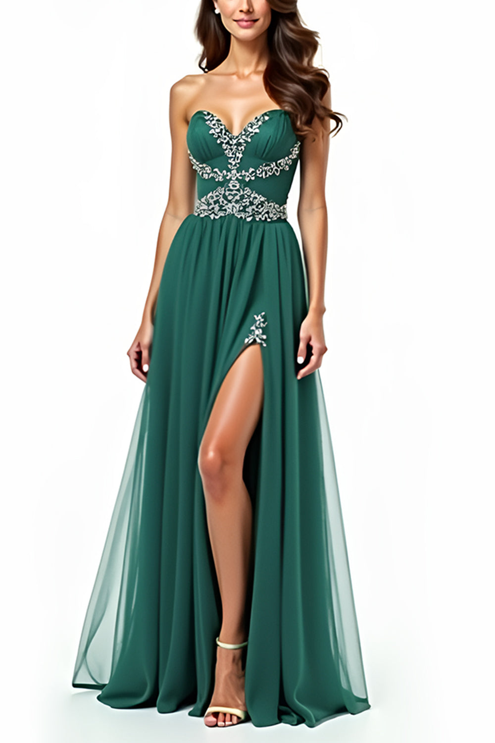 Sweetheart Dark Green A Line Beaded Long Prom Dress with Slit