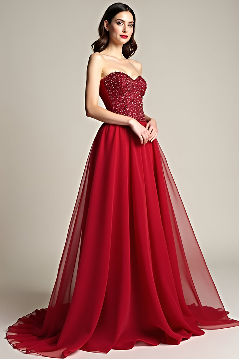 Sweetheart Beaded Burgundy A Line Tulle Long Prom Dress