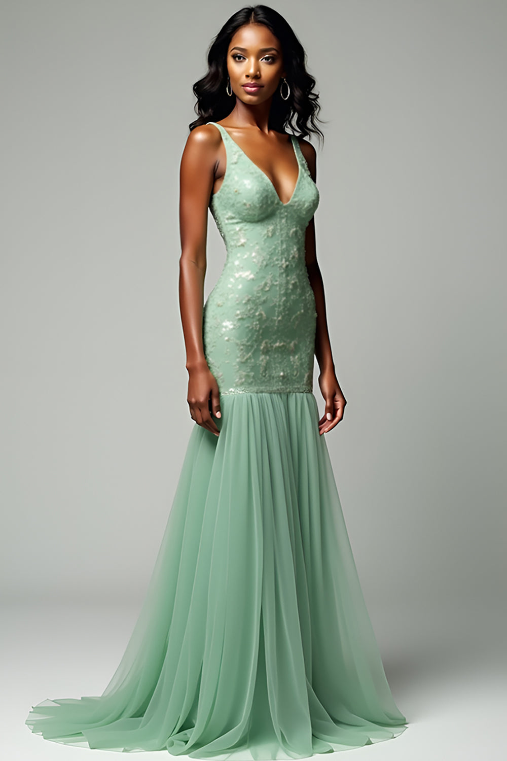 Tulle V-Neck Dusty Sage Mermaid Long Prom Dress
